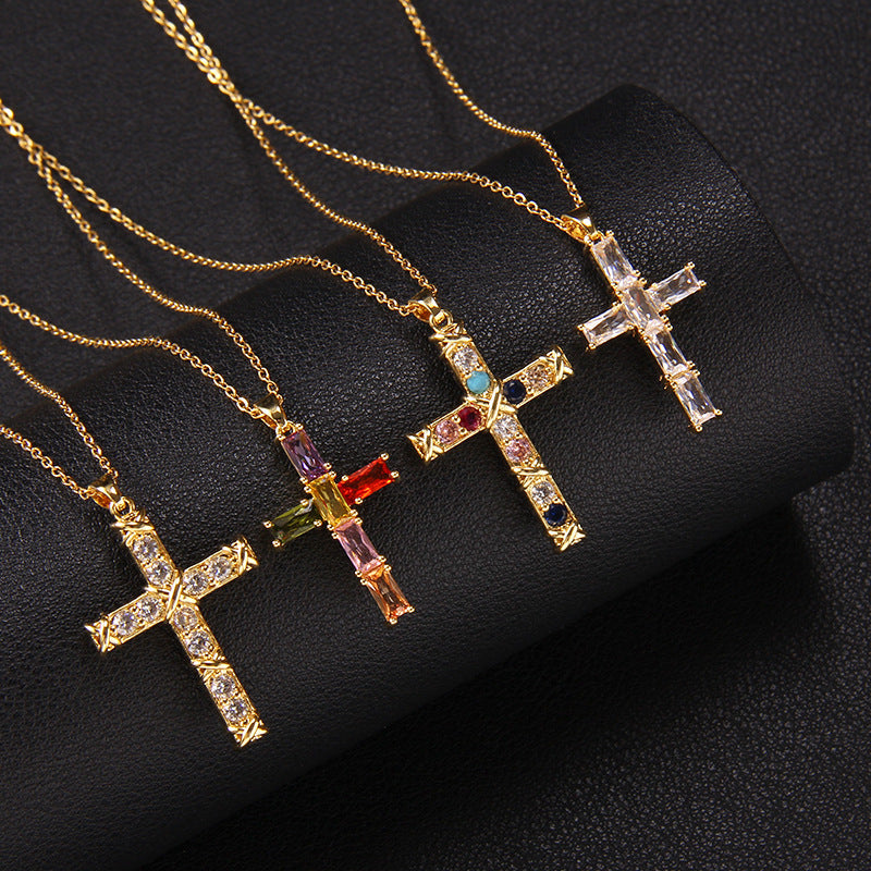 Wholesale Colorfulful Zircon Men' s and Women' s Cross Necklace Niche Design