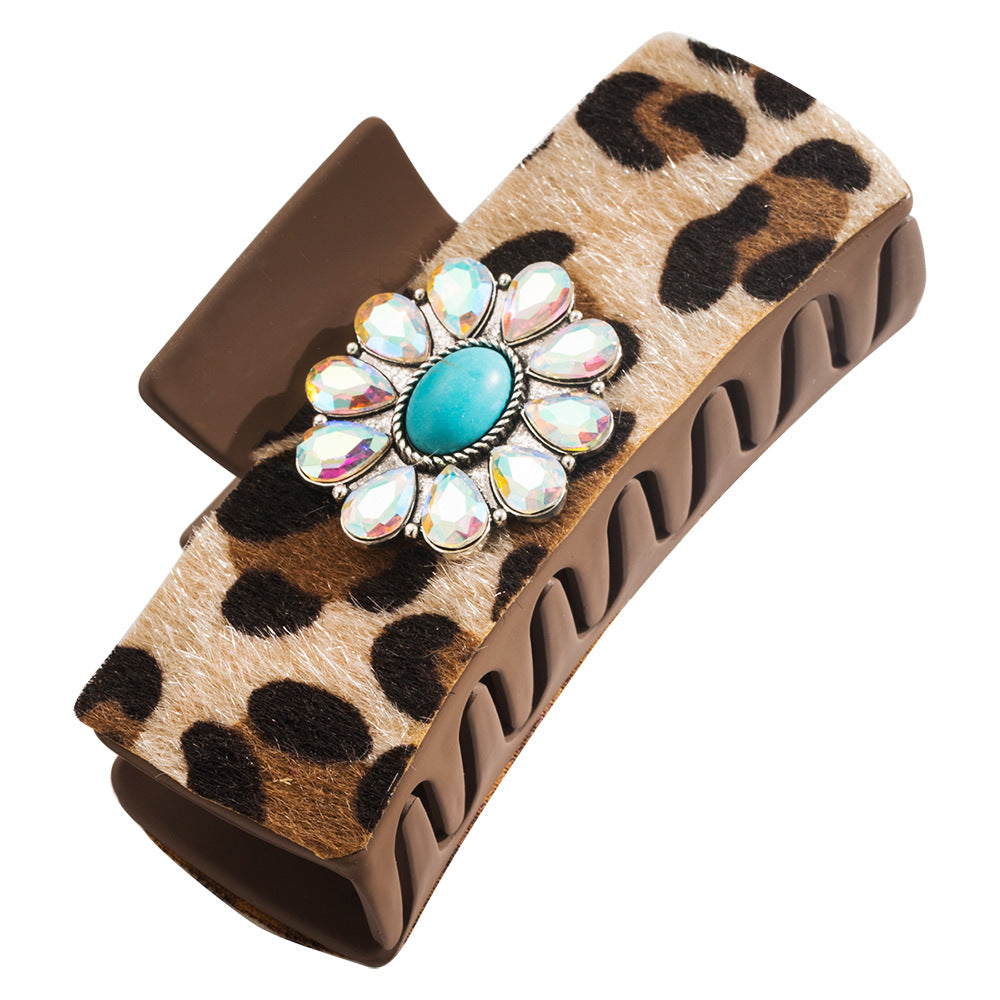 Wholesale Ancient Silver Alloy Turquoise Hair Clip Retro Leopard Print Sequined Leather Hair Clips