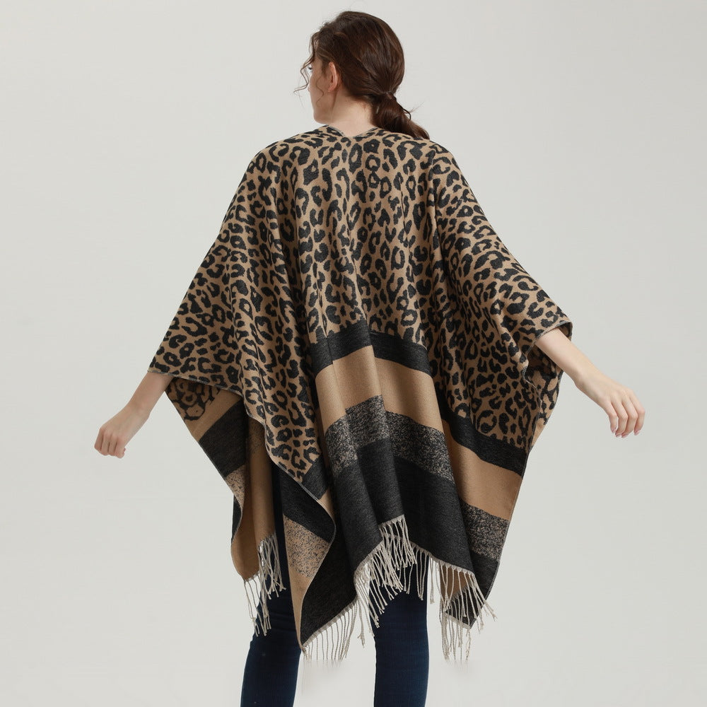 Wholesale Winter Leopard Print Tassel Imitation Cashmere Split Cape