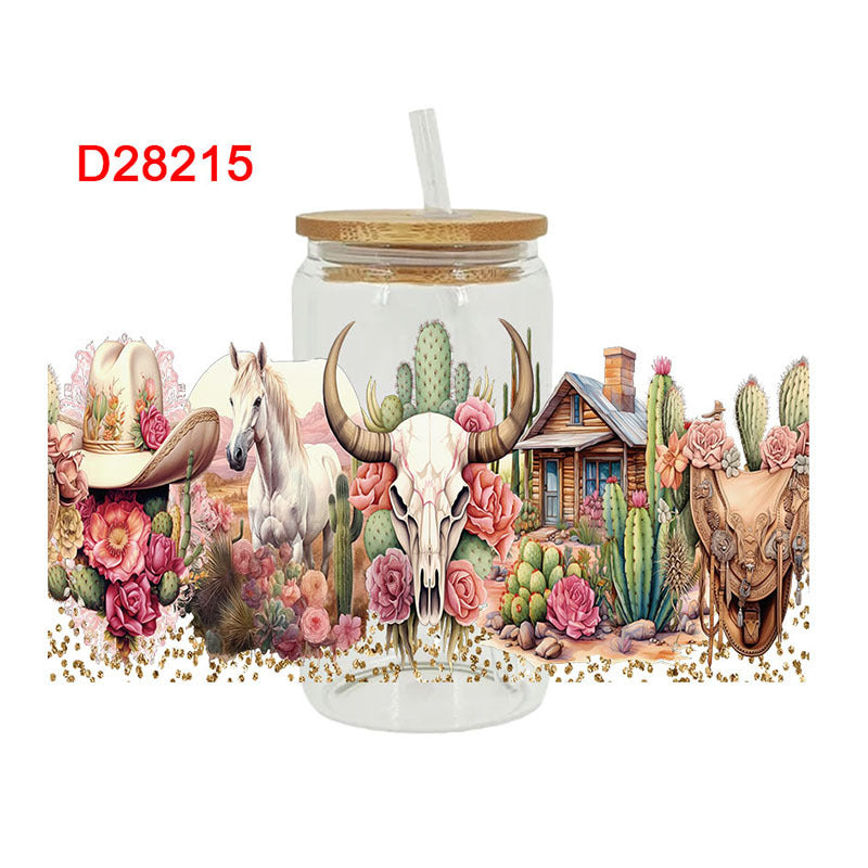 Wholesale Western Wind Horn Cactus 16oz Cup UV DTF Wraps