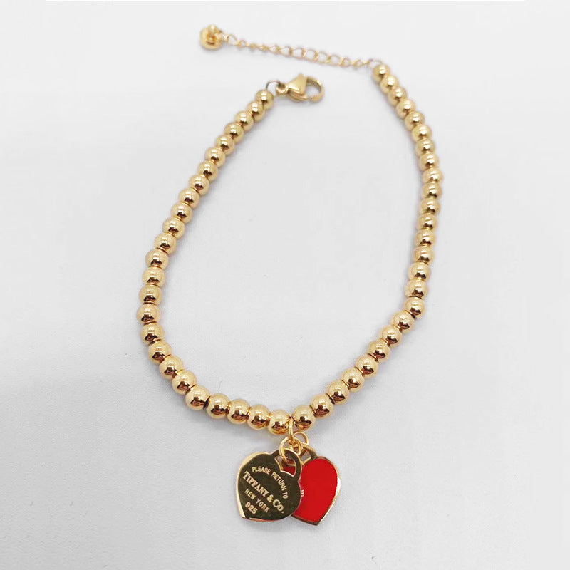 Wholesale Double Heart Bead Titanium Steel Peach Heart Pendant Love Epoxy Bracelet
