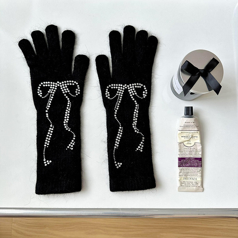 Wholesale Bright Diamond Bow Knit Long Touch Screen Warm Split Finger Gloves