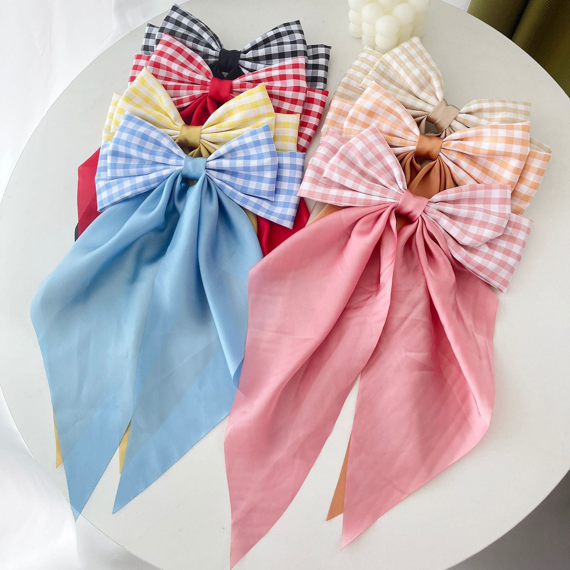 Wholesale 10PCS/PACK Fabric Plaid Long Satin Ribbon Bow Hairpin