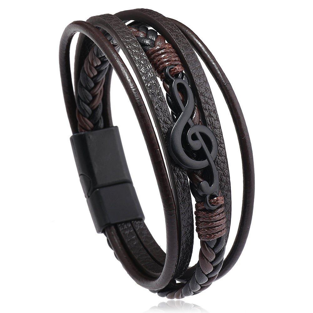 Wholesale Music symbol leather multi-layer magnetic buckle men' s bracelet