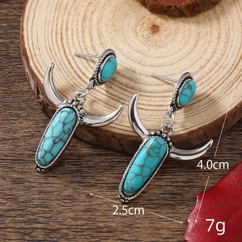 Wholesale Vintage Alloy Silver Plated Turquoise Cow Horn Earrings