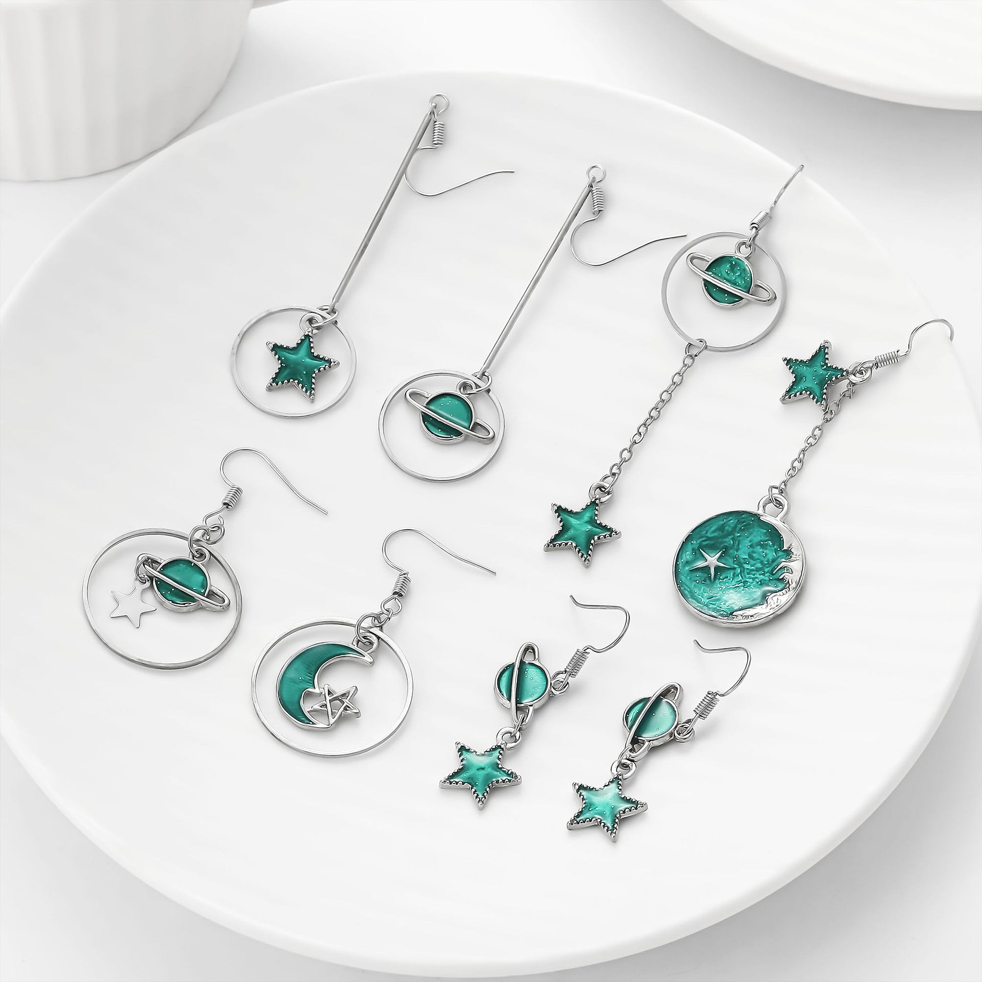 Wholesale Oil-Dripping Star Moon Planet Asymmetric Earrings Set