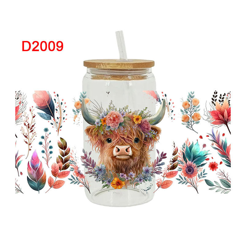Wholesale Colorful Flower Cow   16oz Cup UV DTF Wraps