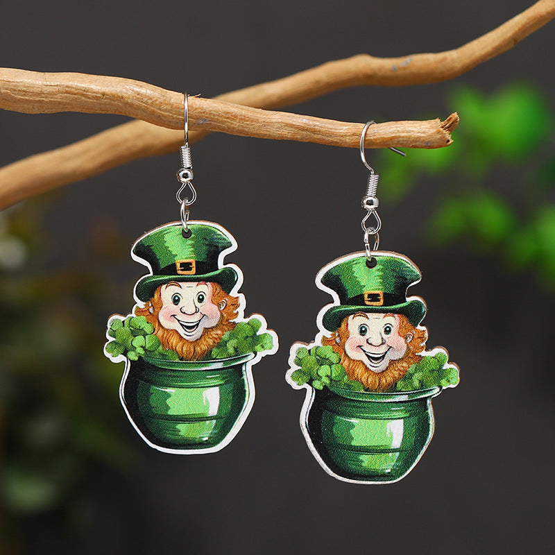 Wholesale Patrick's Day Four Leaf Clover Cartoon Wooden Earrings