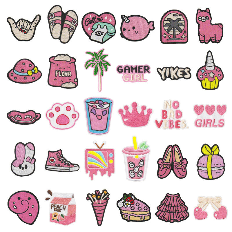 Wholesale Cartoon Pink Embroidered Patch With Heating Glue Backing DIY Fashion Accessory For Bags Clothes Shoes Towels