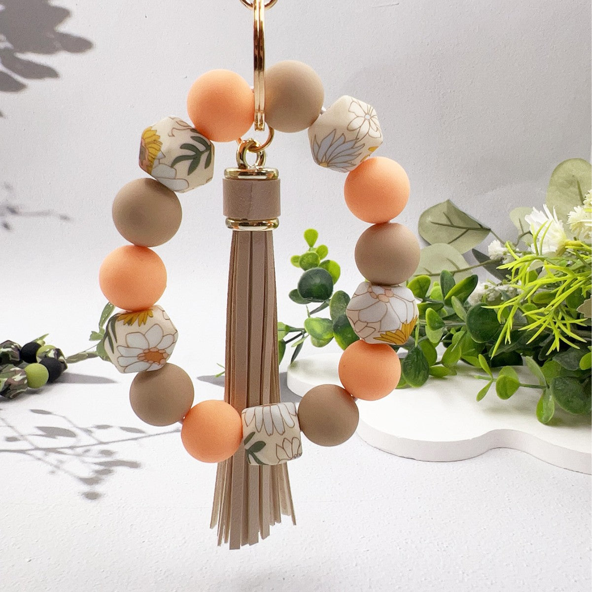 Wholesale Camouflage Stone Silicone Beaded Wrist Keychain