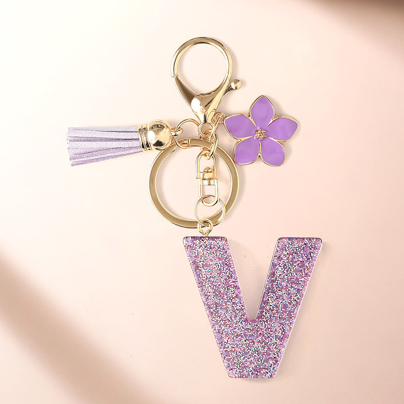 Wholesale Sparkling Pink 26 English Letter Purple Flower Keychain