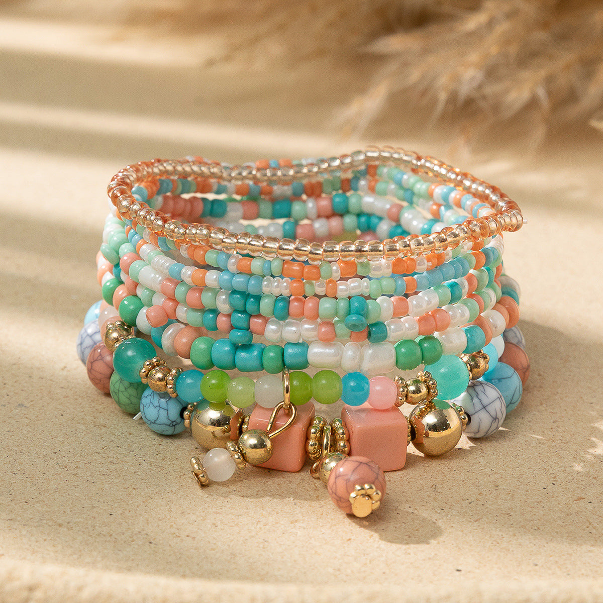 Wholesale Bohemian Contrast Color Stacked Beaded Bracelet Set
