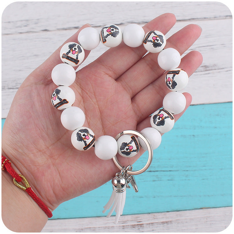 Wholesale Wooden Dog Leather PU Small Tassel DIY Beaded Bracelet Keychains