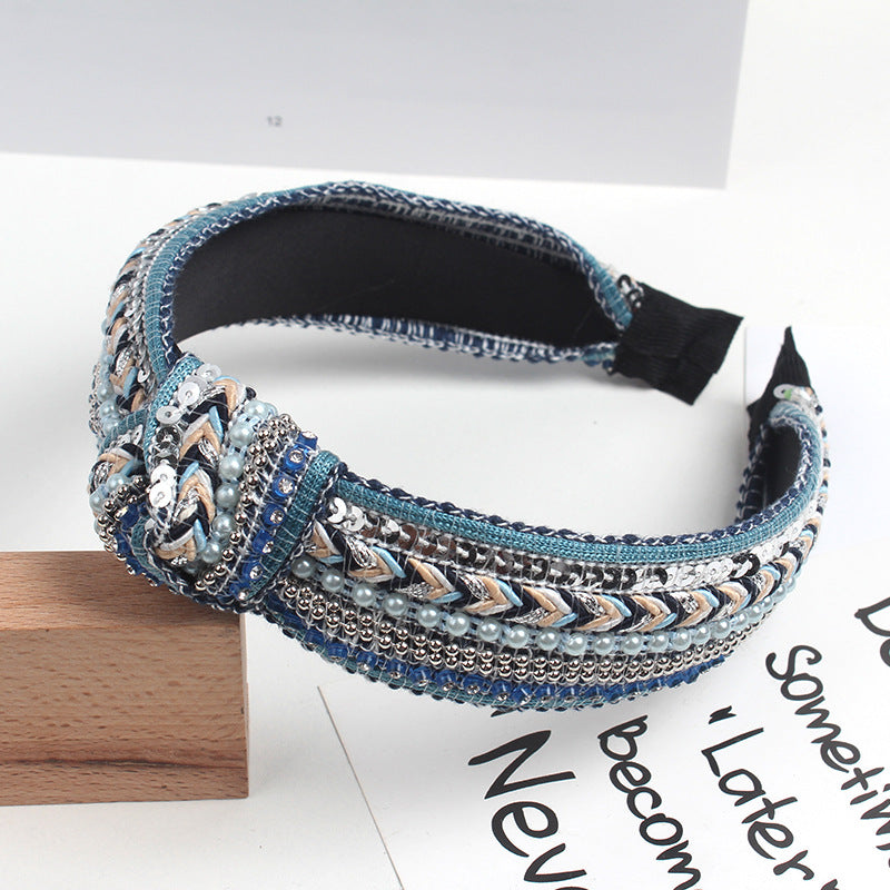 Wholesale Korea Studded Pearl Sequins National Pneumatic Drill Wide-brimmed Knot Hairband