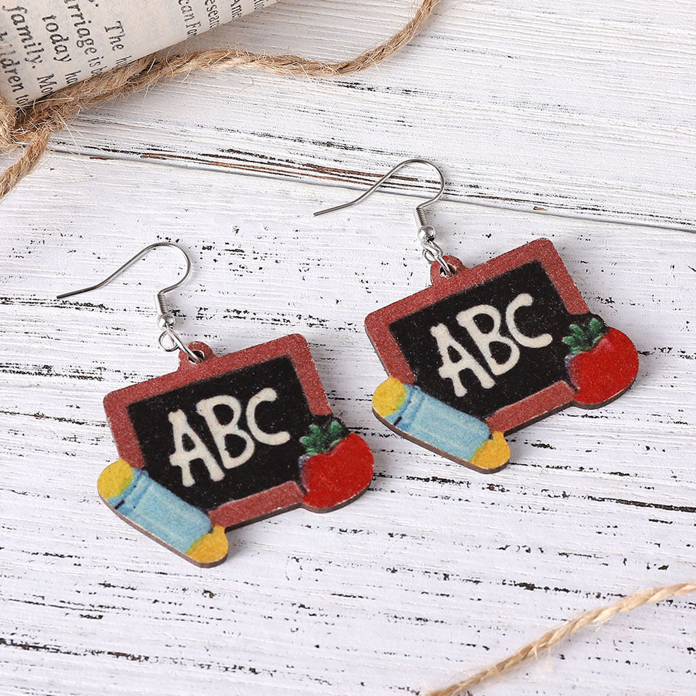 Wholesale Teachers ABC Blackboard Apple Double Sided Wooden Earrings