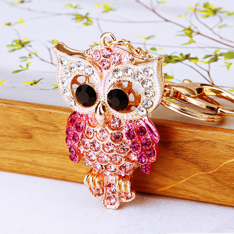 Wholesale Pink Rhinestone Owl Car Keychain Metal Key Ring Bag Charm Fashion Accessory Gift