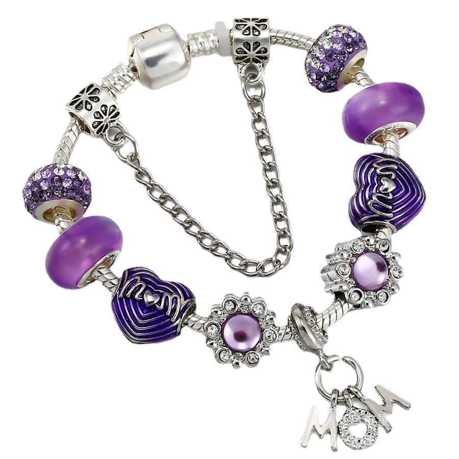 Wholesale Purple MOM Heart Shape Beads Silver Alloy Bracelet