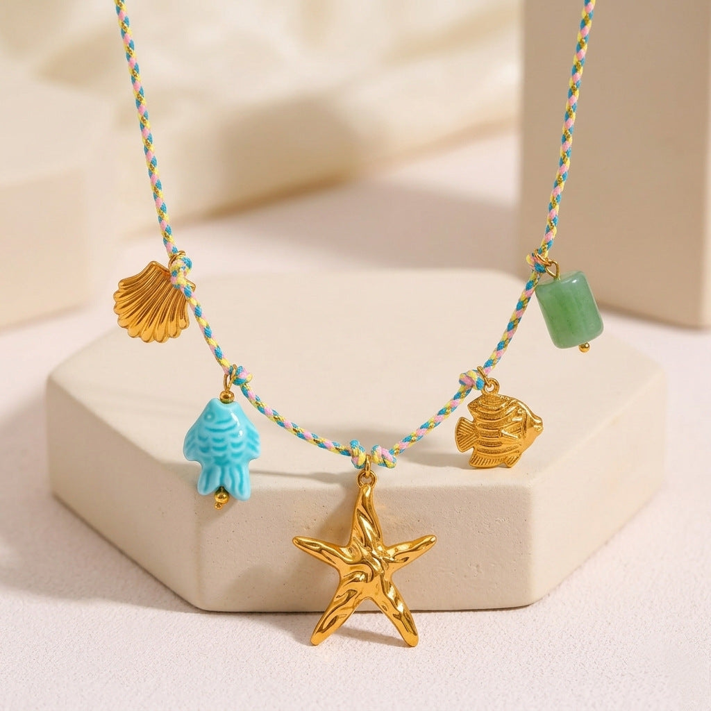 Wholesale Ocean Series Natural Stone Pendant Colorful Braided Necklace Titanium Steel Pendant
