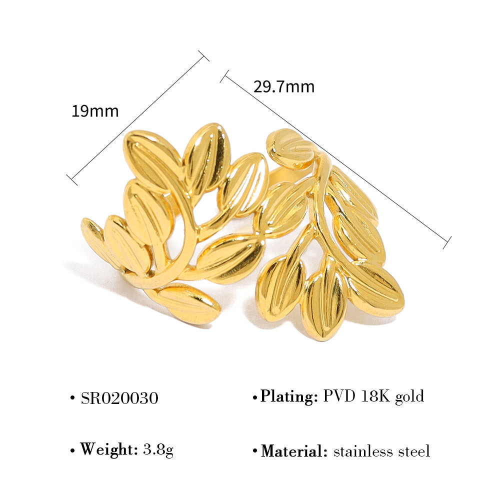 Wholesale rainbow zircon leaf ring women' s 18K gold titanium steel open ring