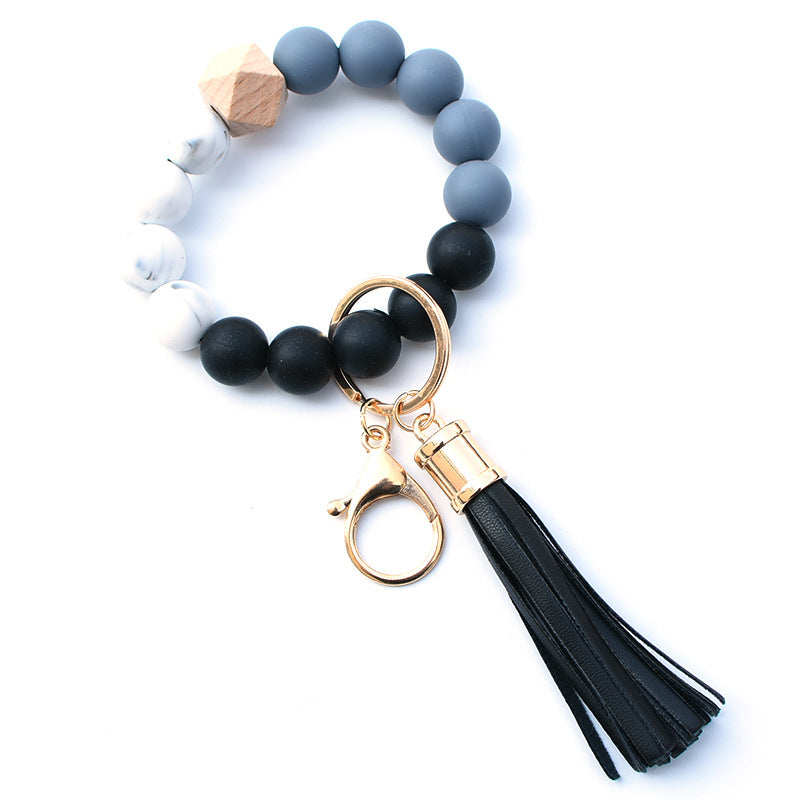 Wholesale Food Grade Silicone Beads Leather Tassel Wood Beads Bracelet Keychain