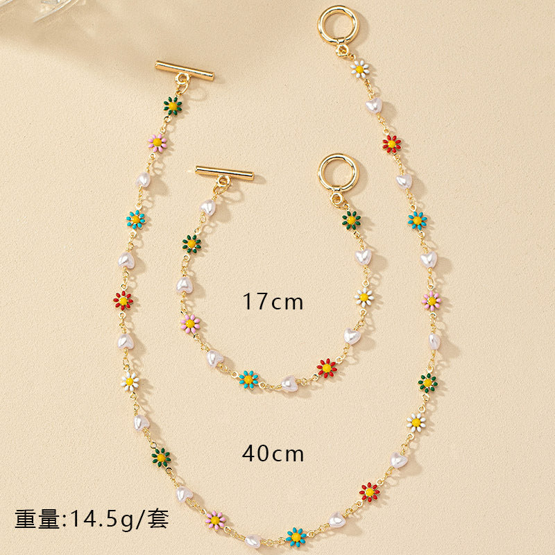 Wholesale Flower Heart Pearl Bracelet Necklace Set For Women Alloy Electroplated Trendy Gift Boutique Resale Fashion Jewelry