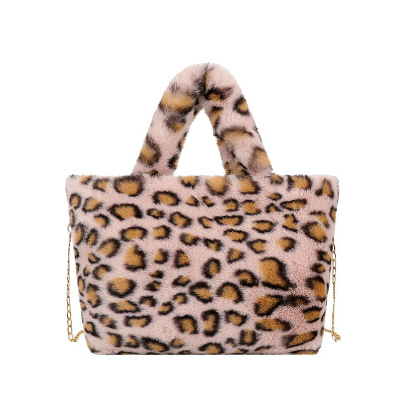 Wholesale Plush Leopard Print Tote Bag Handbag Chain Crossbody Bag