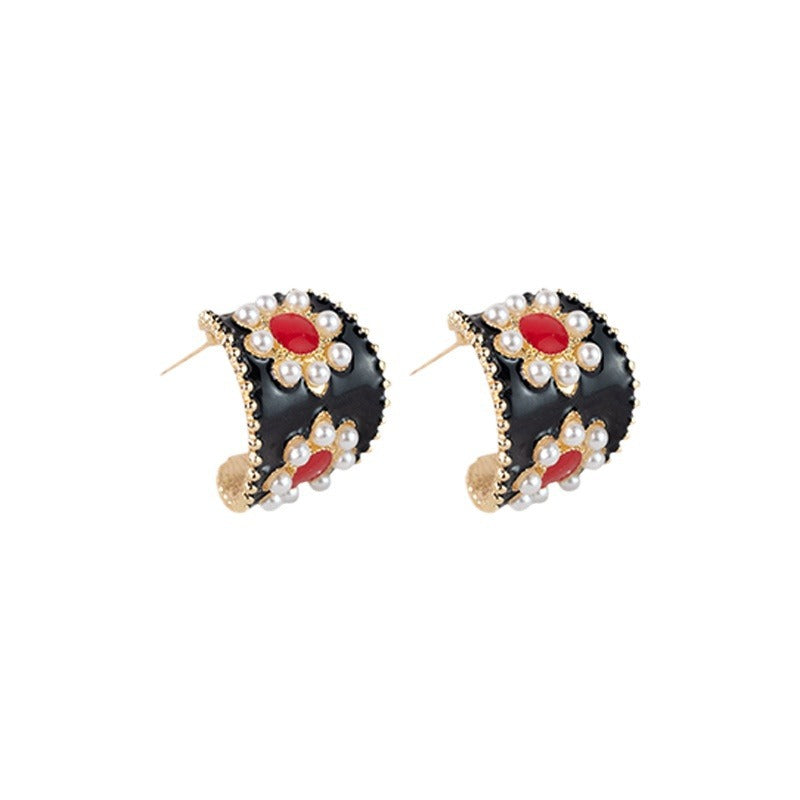 Wholesale Oil Drop Round Pearl Geometric C Shape Earrings