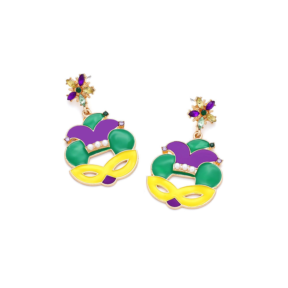 Wholesale alloy dripping oil Diamond Irish mask earrings carnival hat earrings