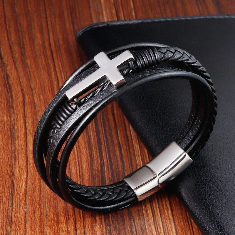 Wholesale Stainless Steel Leather Multi-layer Woven Men's Bracelets