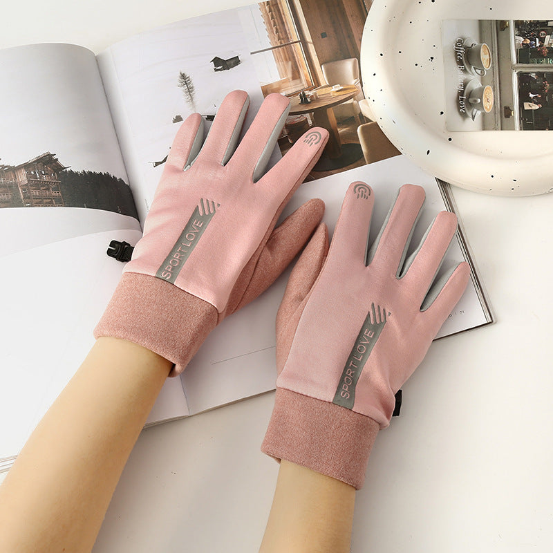Wholesale Winter Plush Windproof Cycling Gloves with Velvet Patches