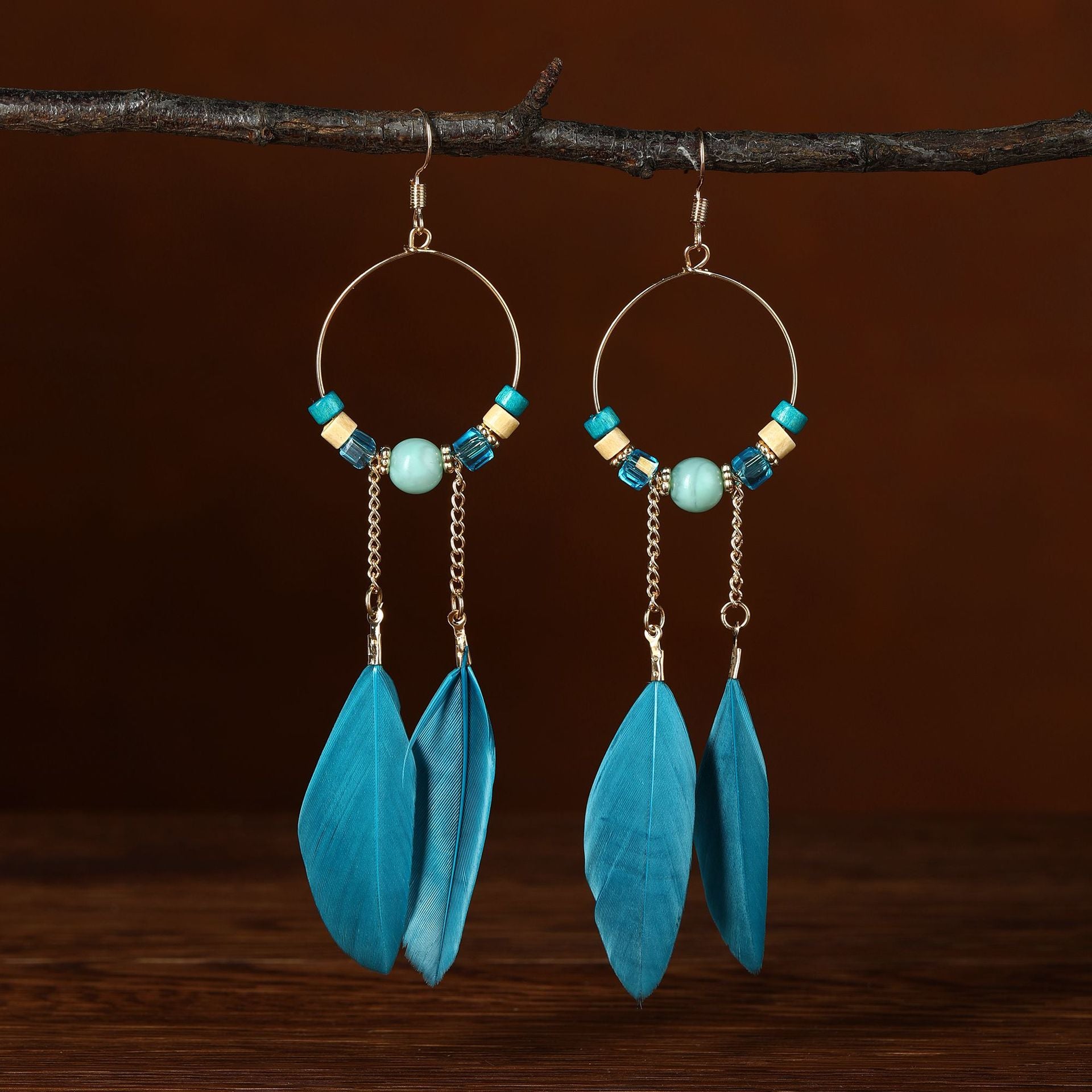 Wholesale Ethnic retro long multi-color holiday feather beaded circle earrings