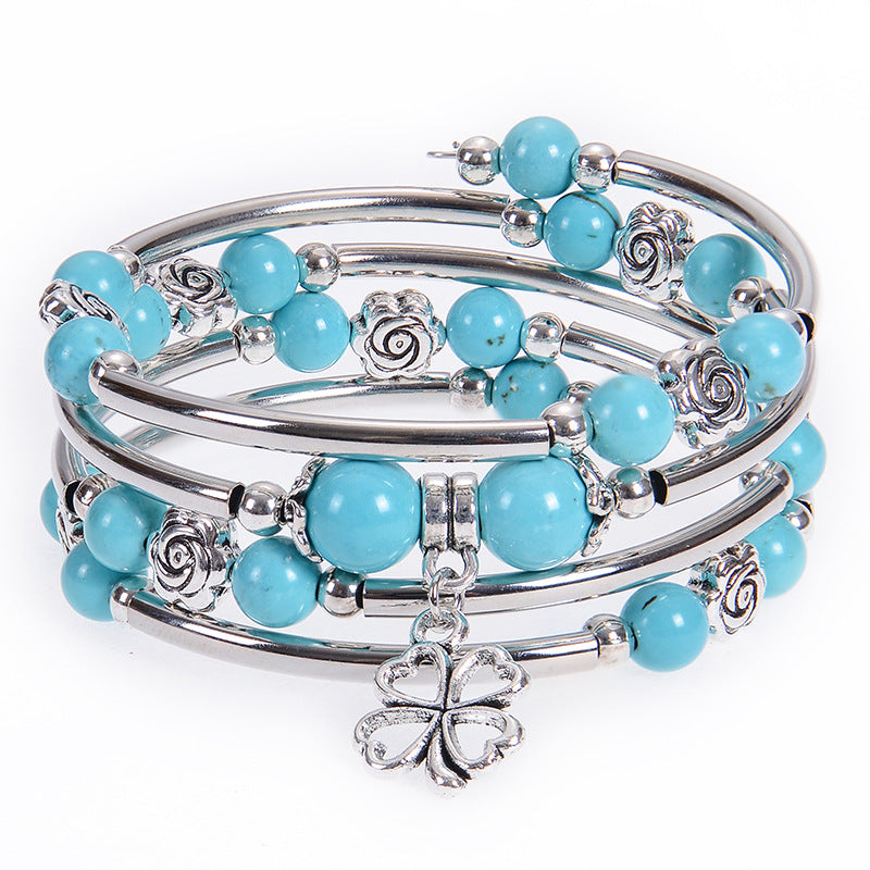 Wholesale Natural Pink Zebra Stone Multi-layer Natural Stone Beaded Flower Bracelet