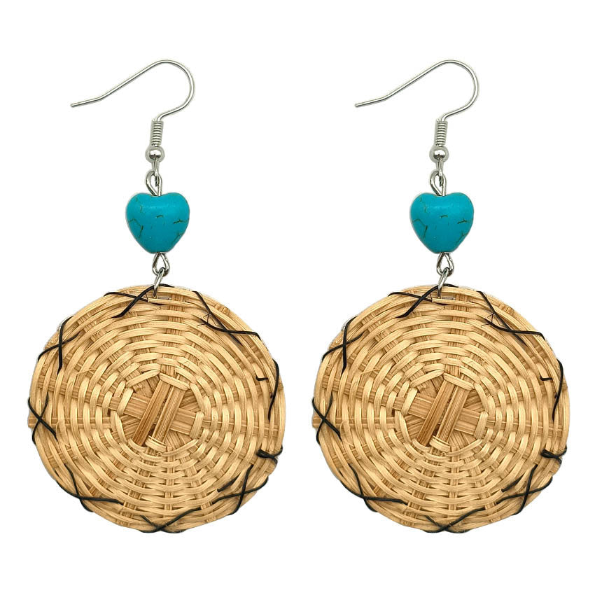 Wholesale Straw and rattan round turquoise long alloy earrings