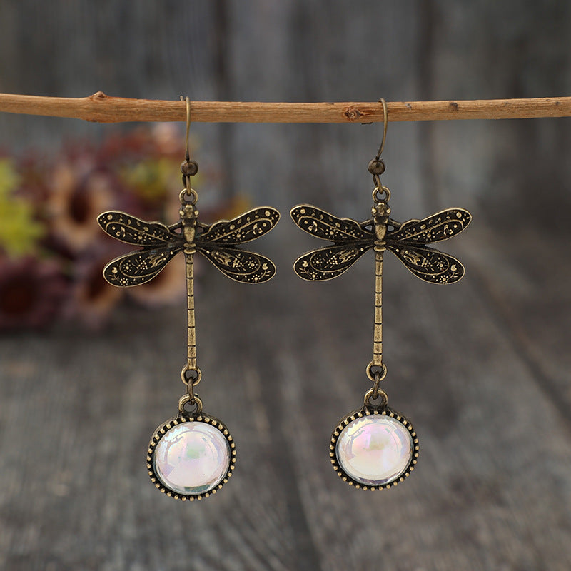 Wholesale Retro Dragonfly Stitching Colored Stone Bohemian Style Long Alloy Earrings
