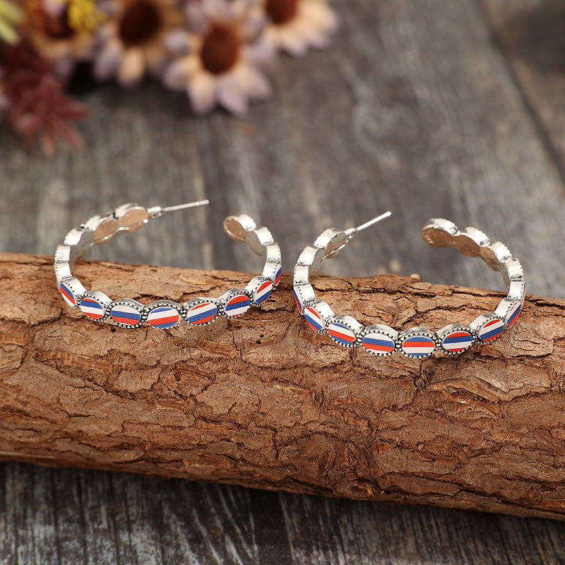 Wholesale C-shaped acrylic blue white  and red striped alloy vintage earrings