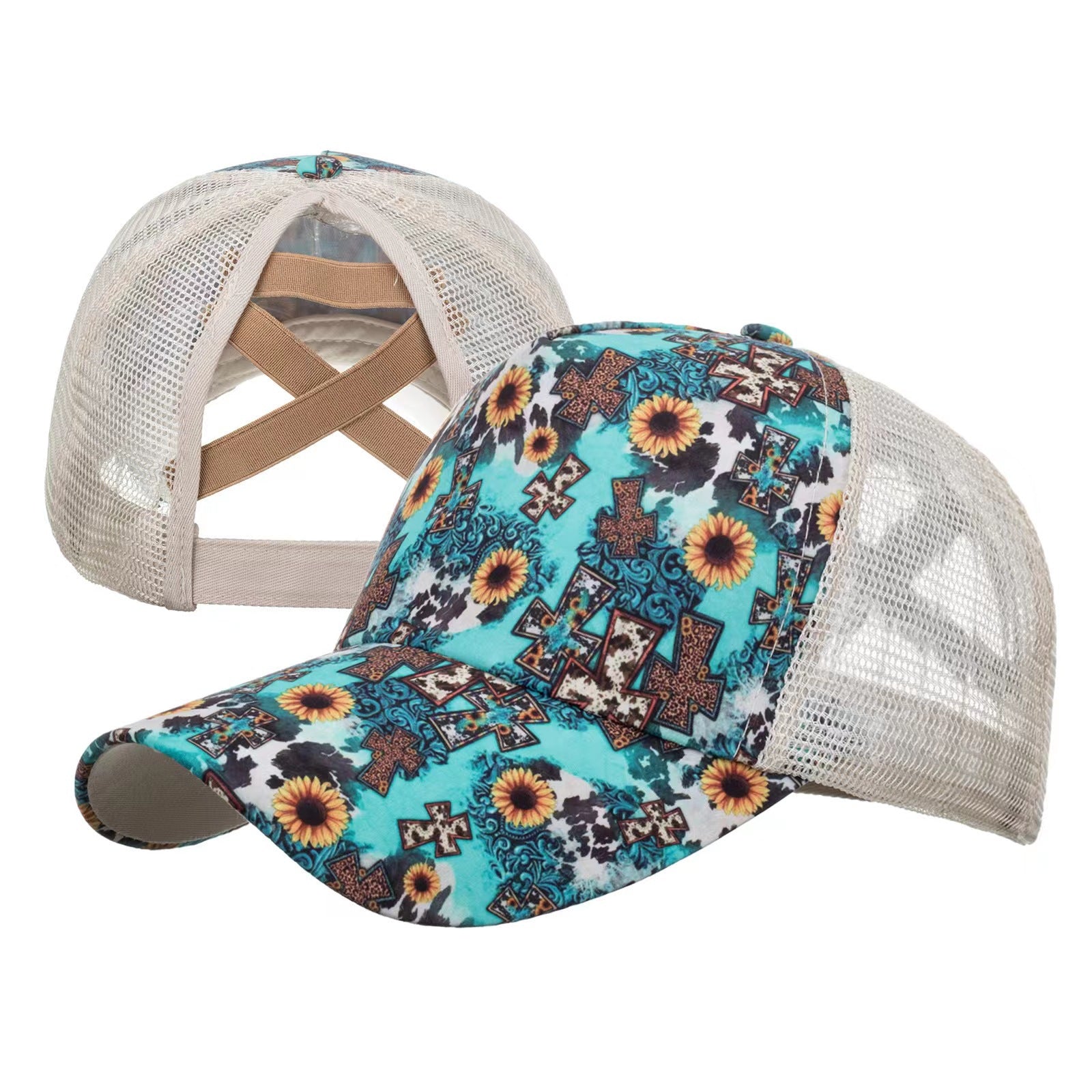 Wholesale Printed frayed edge cross ponytail baseball cap