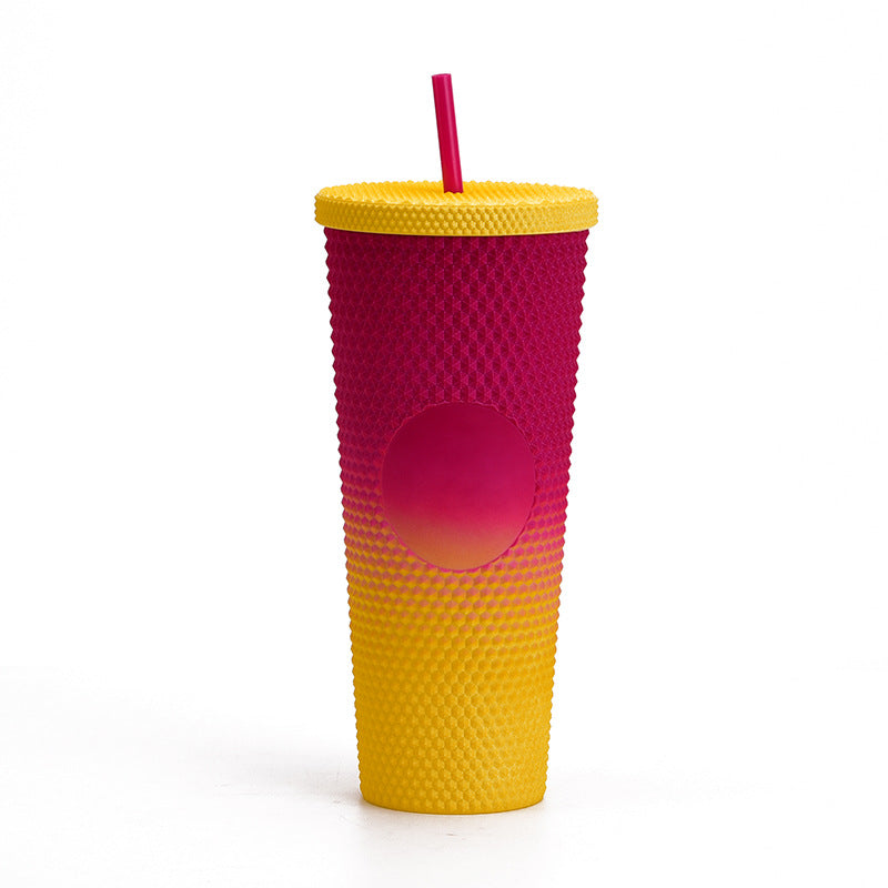 Wholesale Double-layer Plastic 710ml Durian Prick Hand Luminous Color Changing Rainbow Gradient Straw Cup