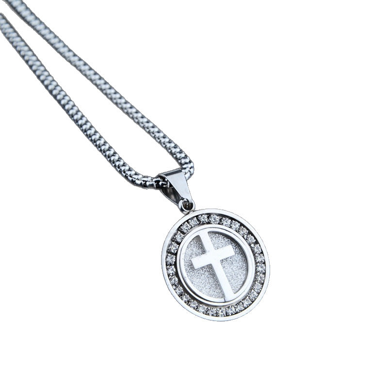 Wholesale Titanium Steel Hip Hop Necklace With Diamond Cut Cross Round Pendant Unisex Everyday Jewelry Accessory