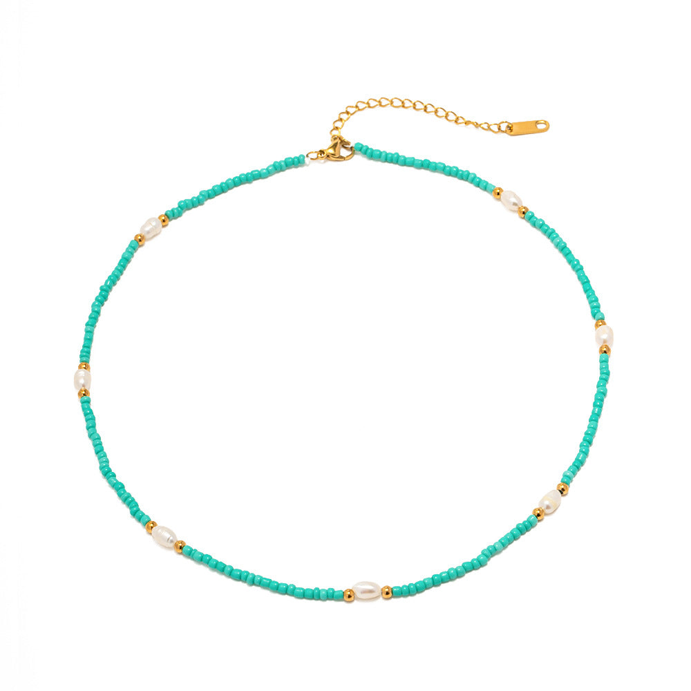 Wholesale Titanium Steel White Pearl Blue Color Millet Beads Necklaces