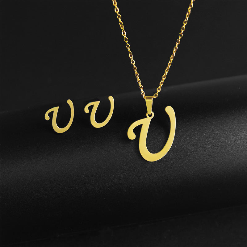 Wholesale Stainless Steel 26 Letter Necklace Earrings Two Piece Set