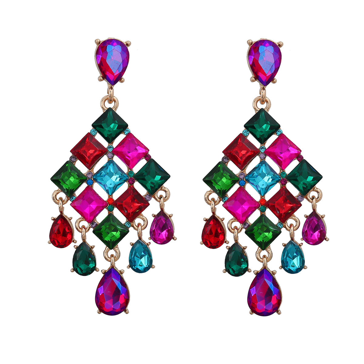 Wholesale Alloy Color Diamond Full Diamond Drop Shape Tassel Gemstone Earrings