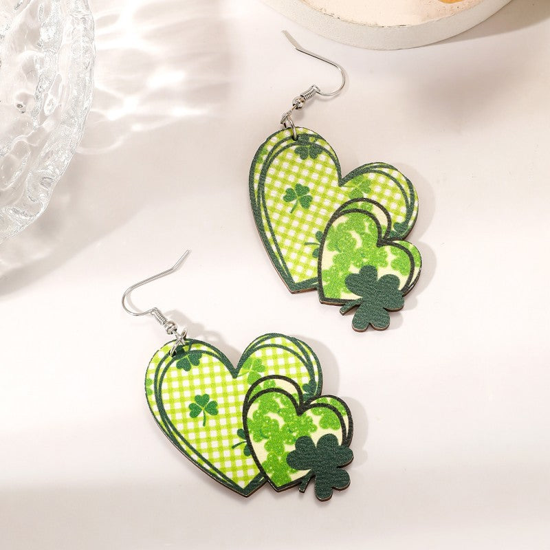 Wholesale St. Patrick's Day Heart Green Lucky Clover Earrings