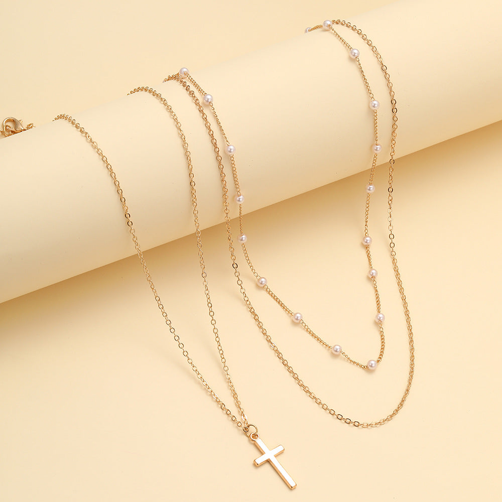 Wholesale Artificial pearl clavicle chain creative cross pendant necklace retro multi-layered necklace
