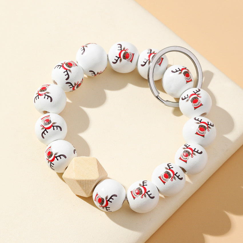 Wholesale Christmas Elk Wooden Beaded Wrist Keychain