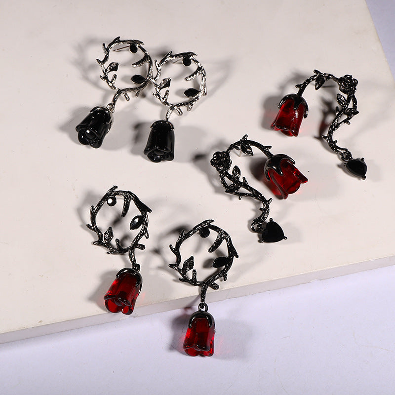 Wholesale Halloween Dark Style Thorn Vine Red Rose Flower Earrings