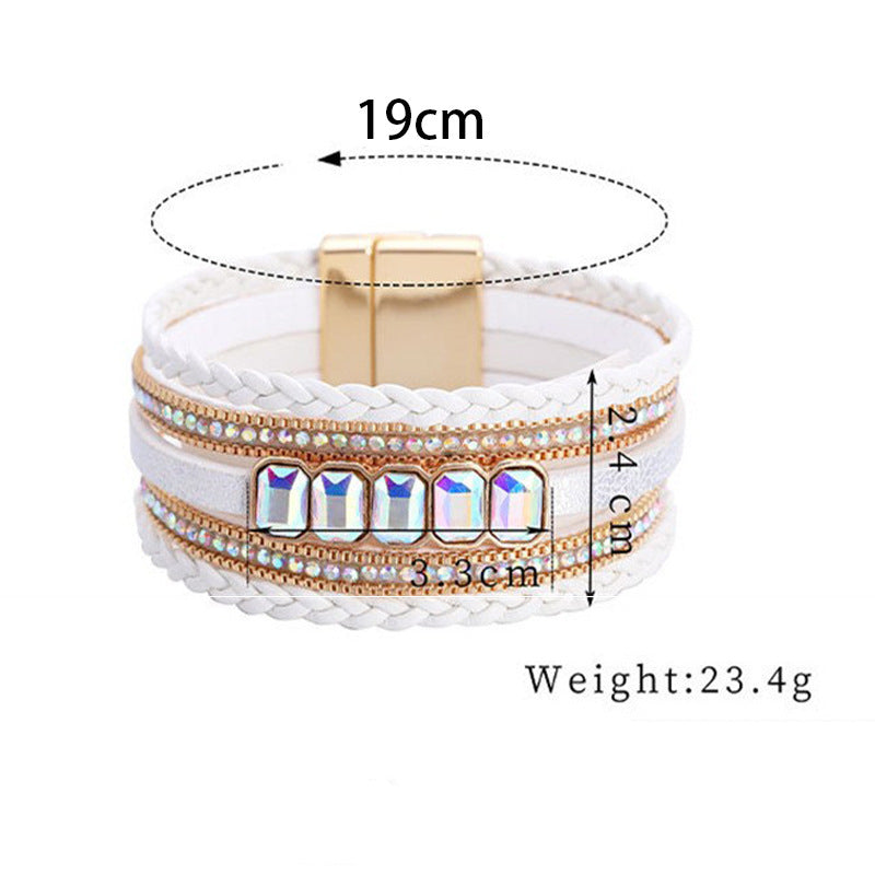 Wholesale Bohemian Rhinestone Multi-Layered Hand-Woven Leather Bracelet