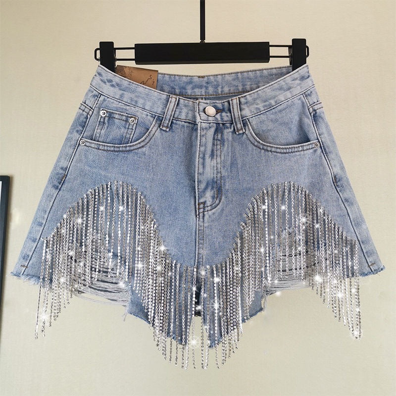 Wholesale ladies shorts with holes tassel chain sexy Denim shorts women