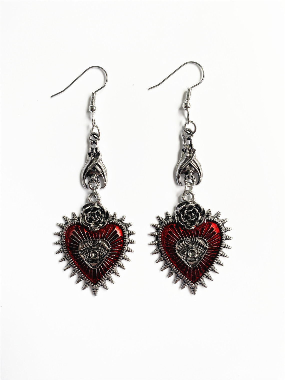 Gothic Punk Rose Wings Flower Red Oil Drops Heart-Shaped Earrings