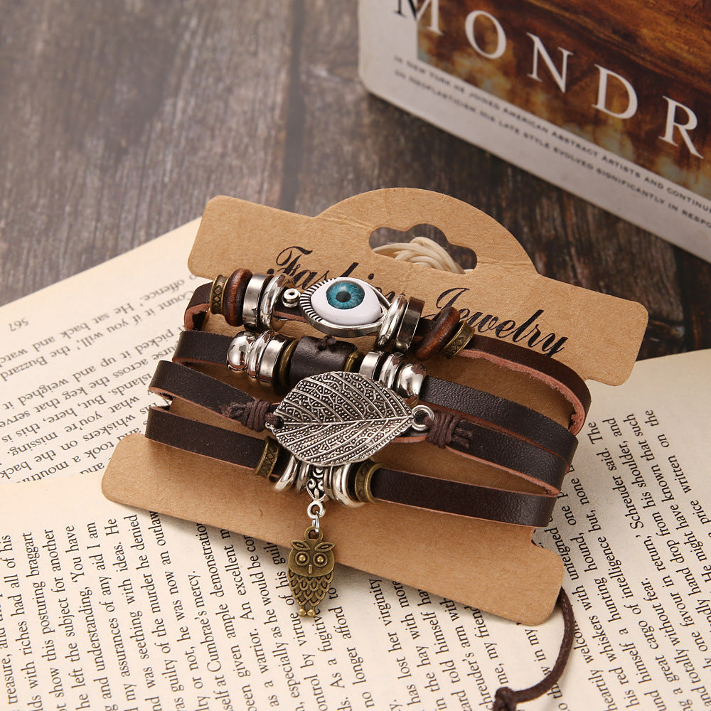 Wholesale Vintage Leaf Handwoven Multi-layer Leather Bracelet