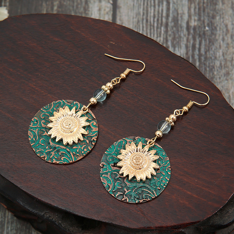 Wholesale Retro Bohemian Color Separation Double Layer Sunflower Pattern Earrings